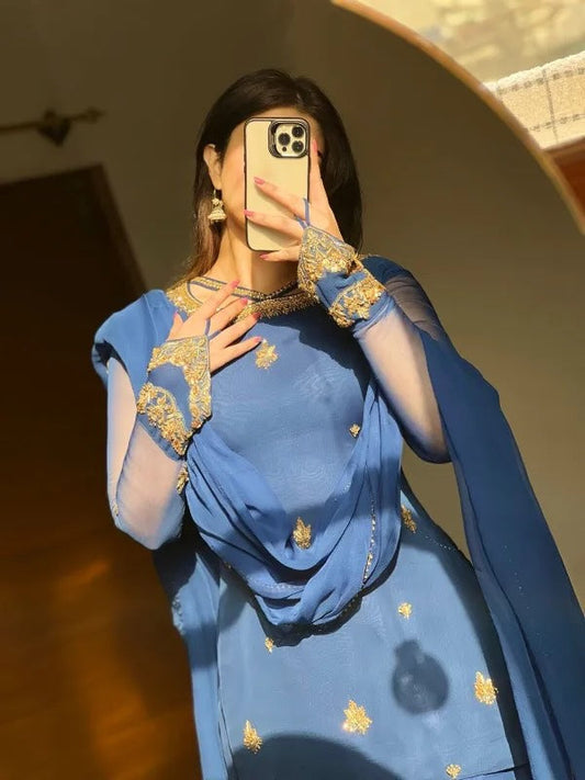 Zarqaa Royal Blue 3Pcs Kurta Sharara Set – Elegant Chiffon Collection for Festive &amp; Semi-Formal Wear